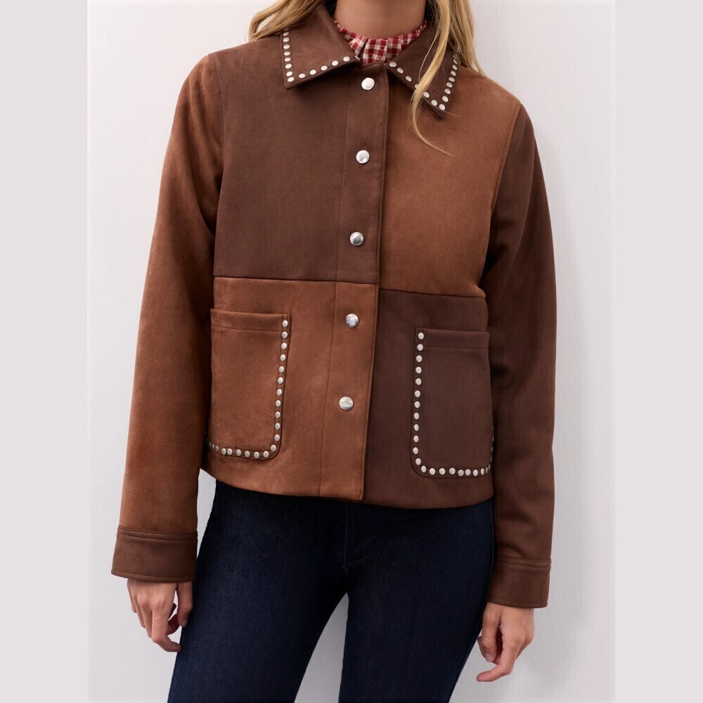 Two-Tone Brown Faux Suede Studded Trim Snap Front Crop Jacket